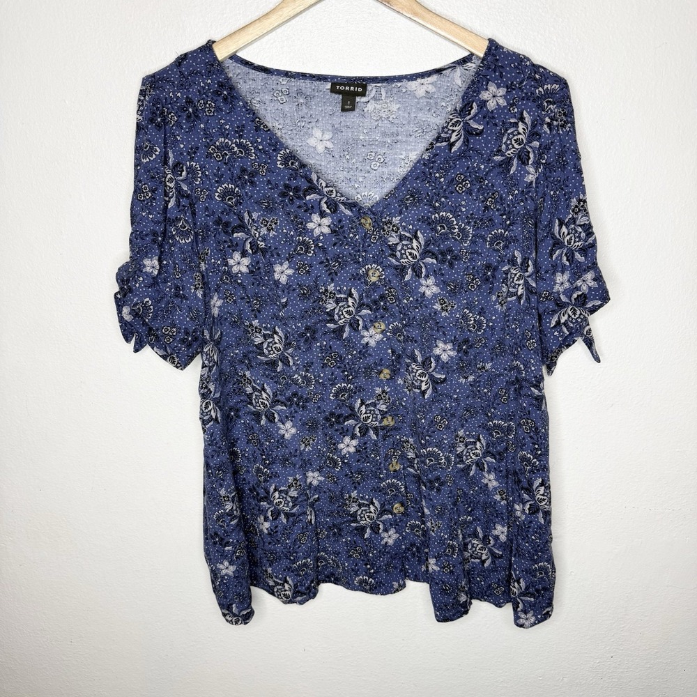 Torrid Fit And Flare Rayon Slub Button Up Tie Sleeve Top Women's 1X Floral‎ Boho